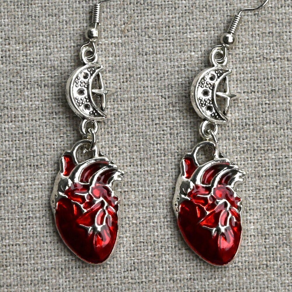 Red Heart and Moon drop Earrings halloween gothic costume gift love witch silver